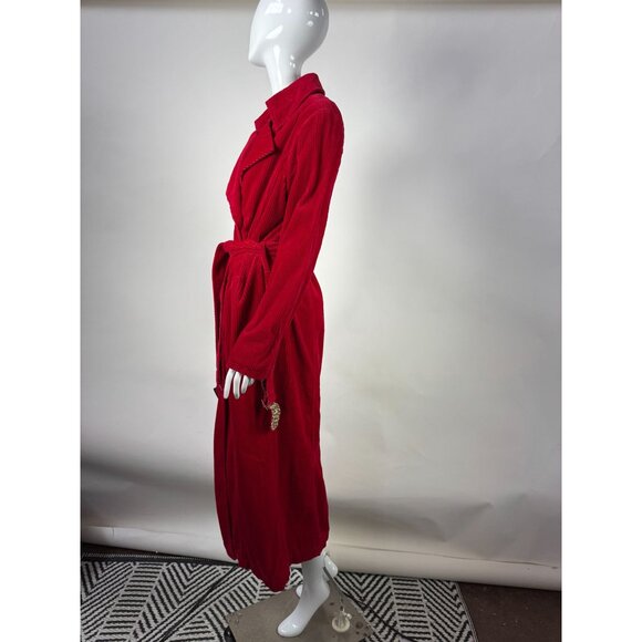 Vintage Newport News Red Corduroy Belted Trench Coat With Leopard Print Lining S - Picture 10 of 16